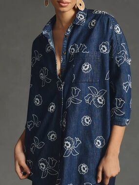Anthropologie Maeve Indigo Floral-Print Denim Tunic